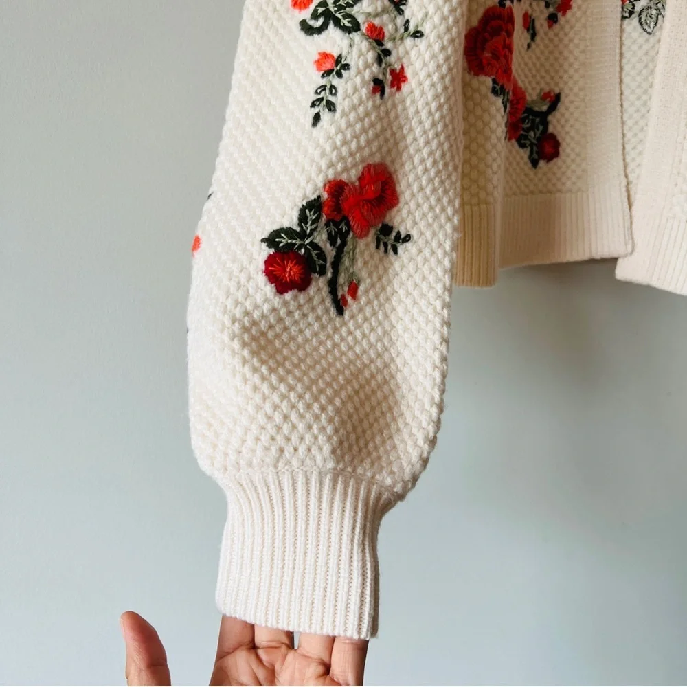 Alice + Olivia Kitty Floral Puff Sleeve Bow Tie Cardigan Sweater Size XS​